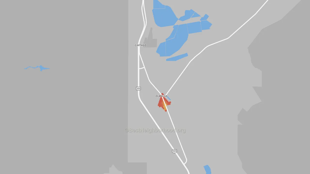 Walk Grade map of Olancha, CA, walkable areas in green and car-dependent areas in red