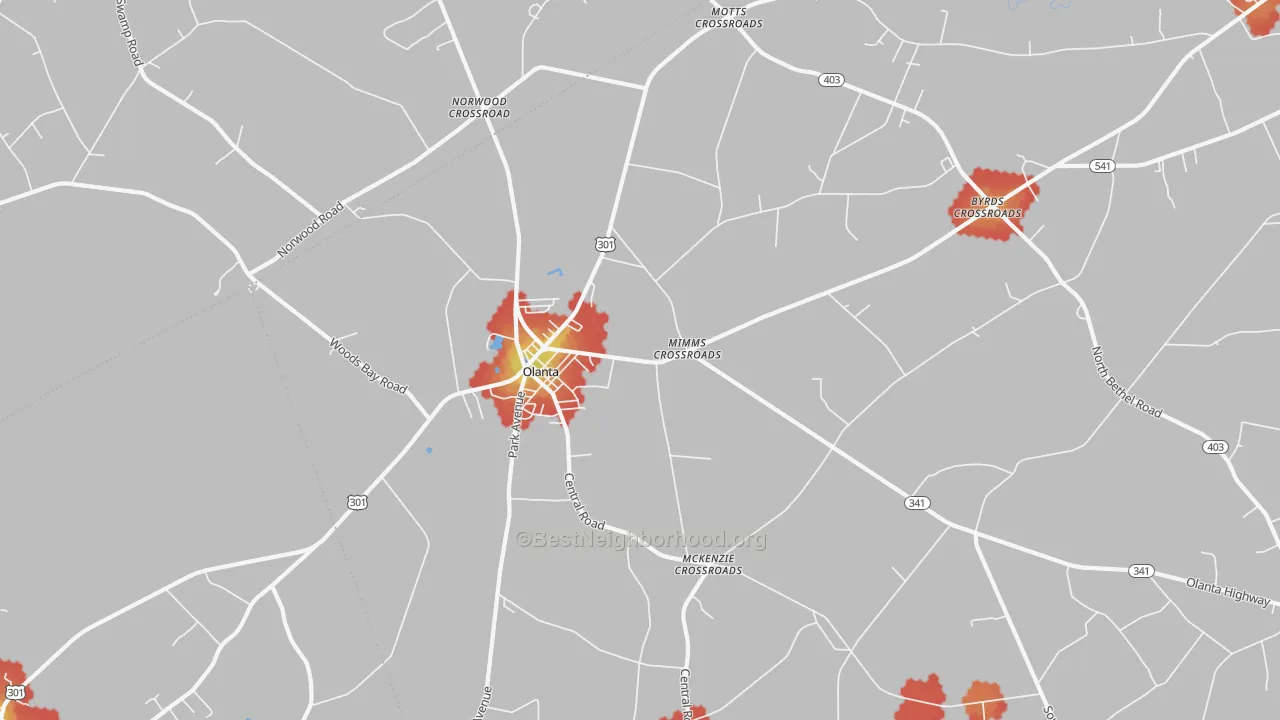 Walk Grade map of Olanta, SC, walkable areas in green and car-dependent areas in red