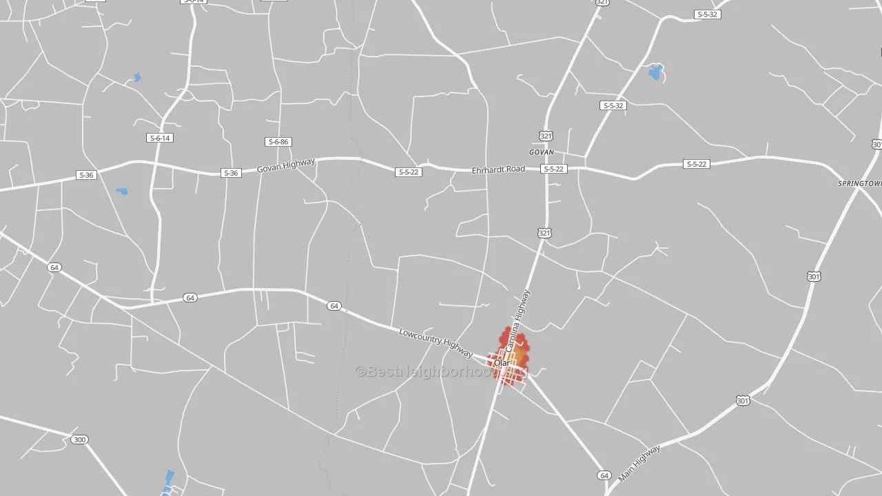Walk Grade map of Olar, SC, walkable areas in green and car-dependent areas in red