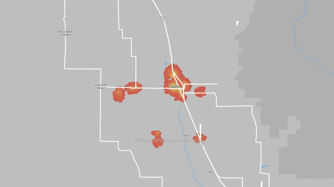 Walk Grade map of Olathe, CO, walkable areas in green and car-dependent areas in red