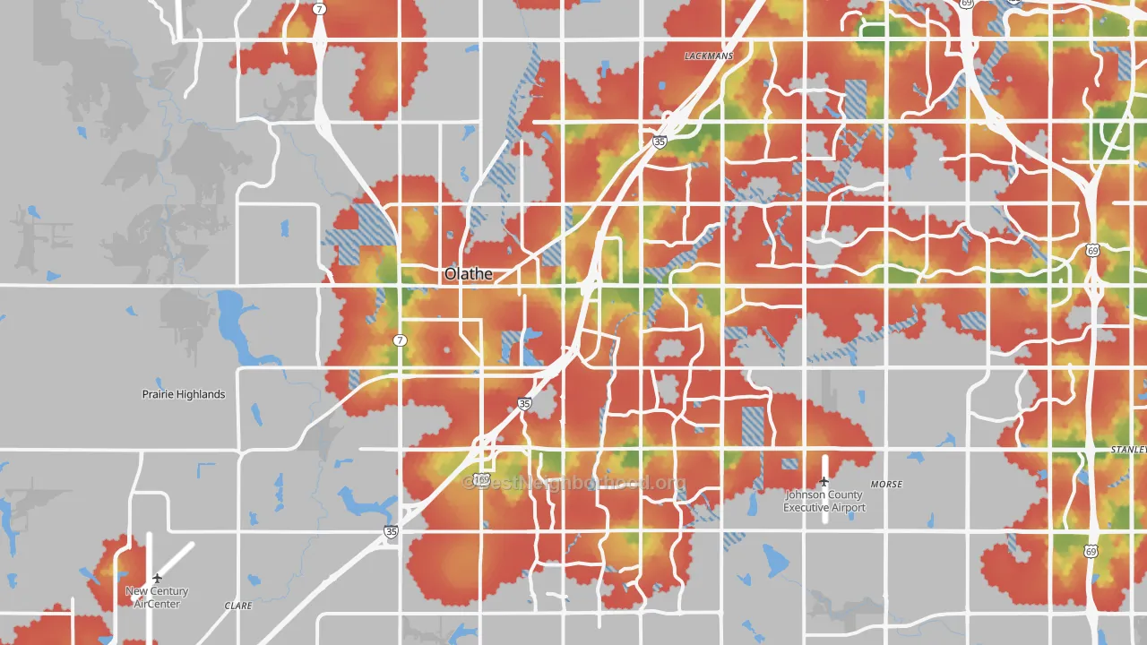 Walk Grade map of Olathe, KS, walkable areas in green and car-dependent areas in red
