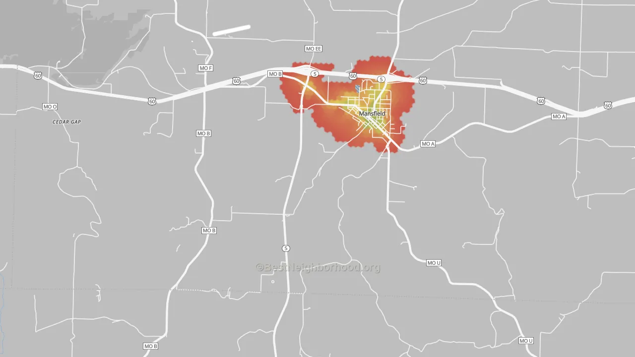 Walk Grade map of Olathia, MO, walkable areas in green and car-dependent areas in red