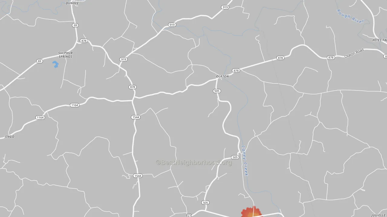 Walk Grade map of Olaton, KY, walkable areas in green and car-dependent areas in red