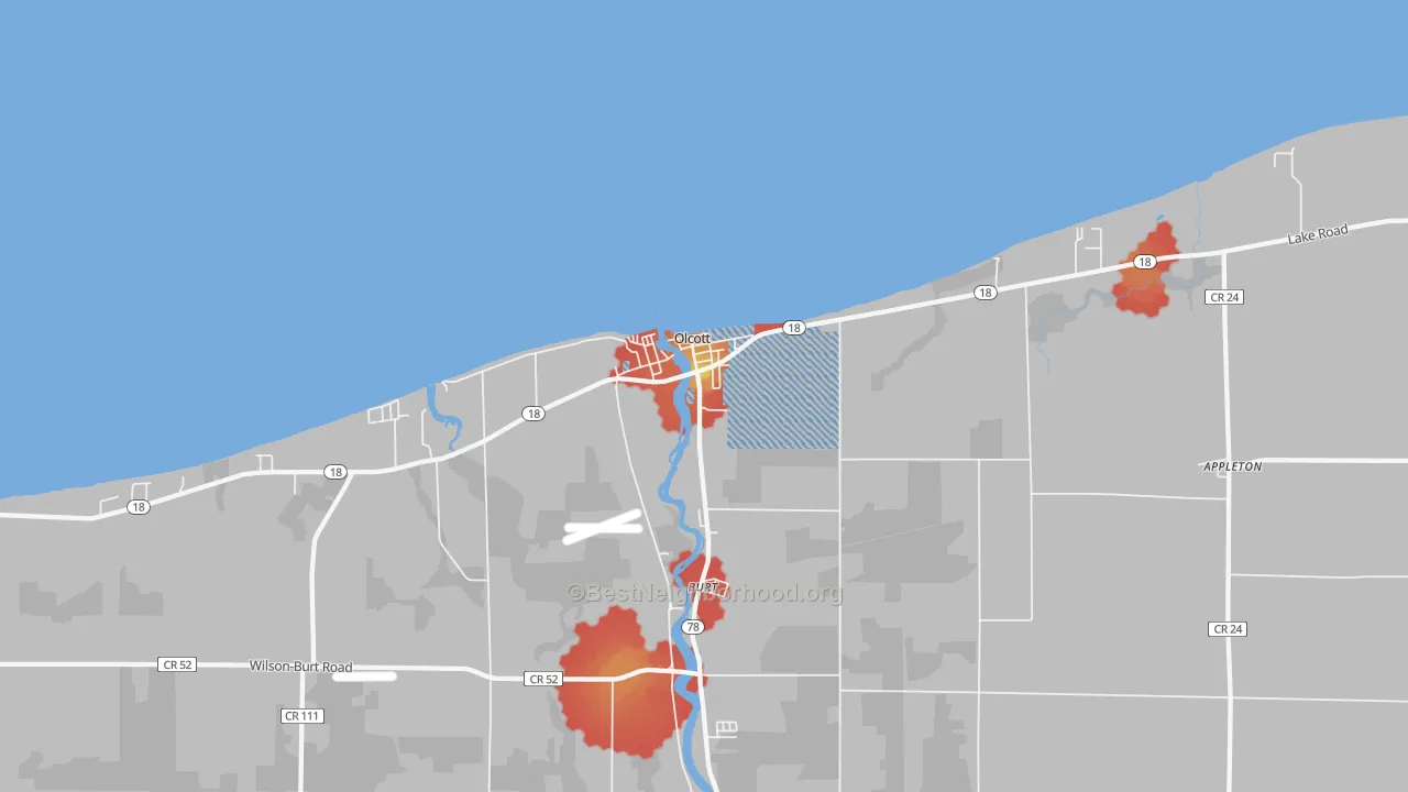 Walk Grade map of Olcott, NY, walkable areas in green and car-dependent areas in red