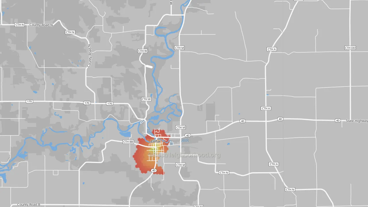 Walk Grade map of Old Albertville, WI, walkable areas in green and car-dependent areas in red