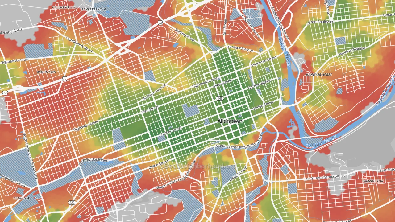 Walk Grade map of Old Allentown, Allentown, PA, walkable areas in green and car-dependent areas in red