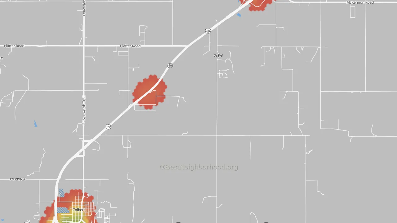 Walk Grade map of Old Allison, OK, walkable areas in green and car-dependent areas in red