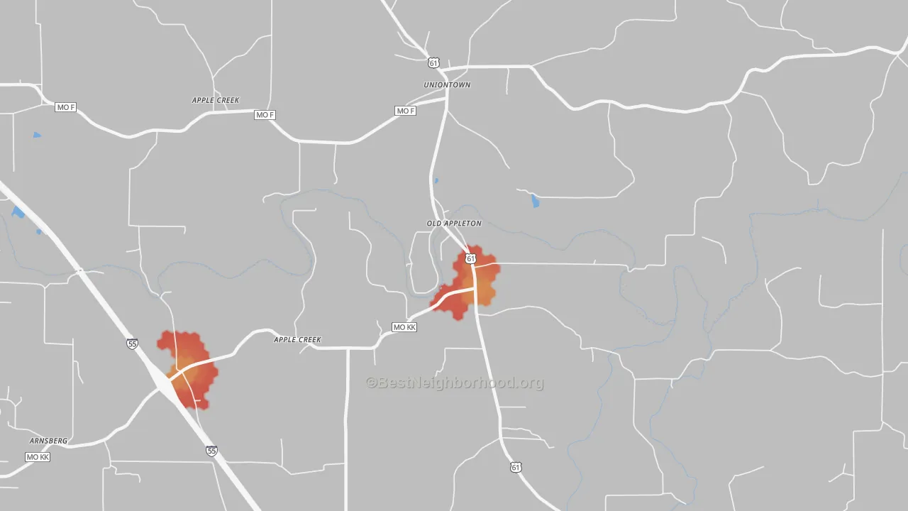 Walk Grade map of Old Appleton, MO, walkable areas in green and car-dependent areas in red