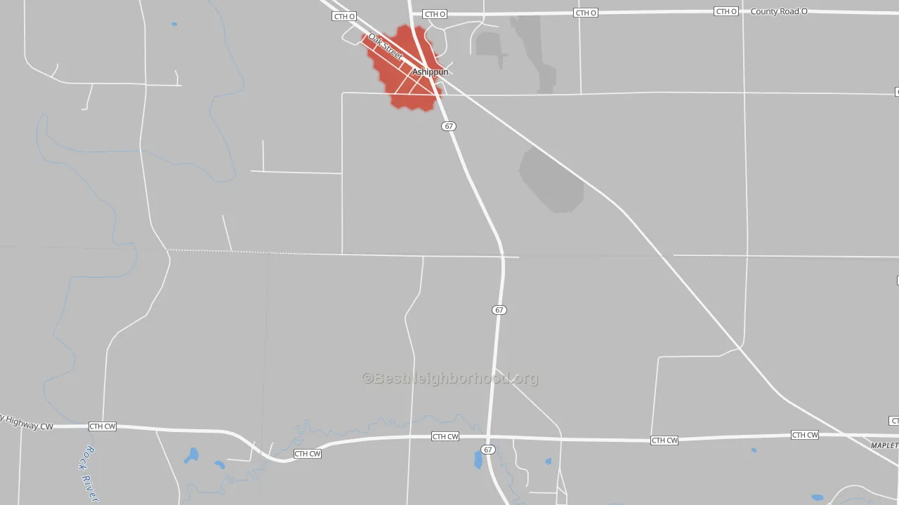 Walk Grade map of Old Ashippun, WI, walkable areas in green and car-dependent areas in red