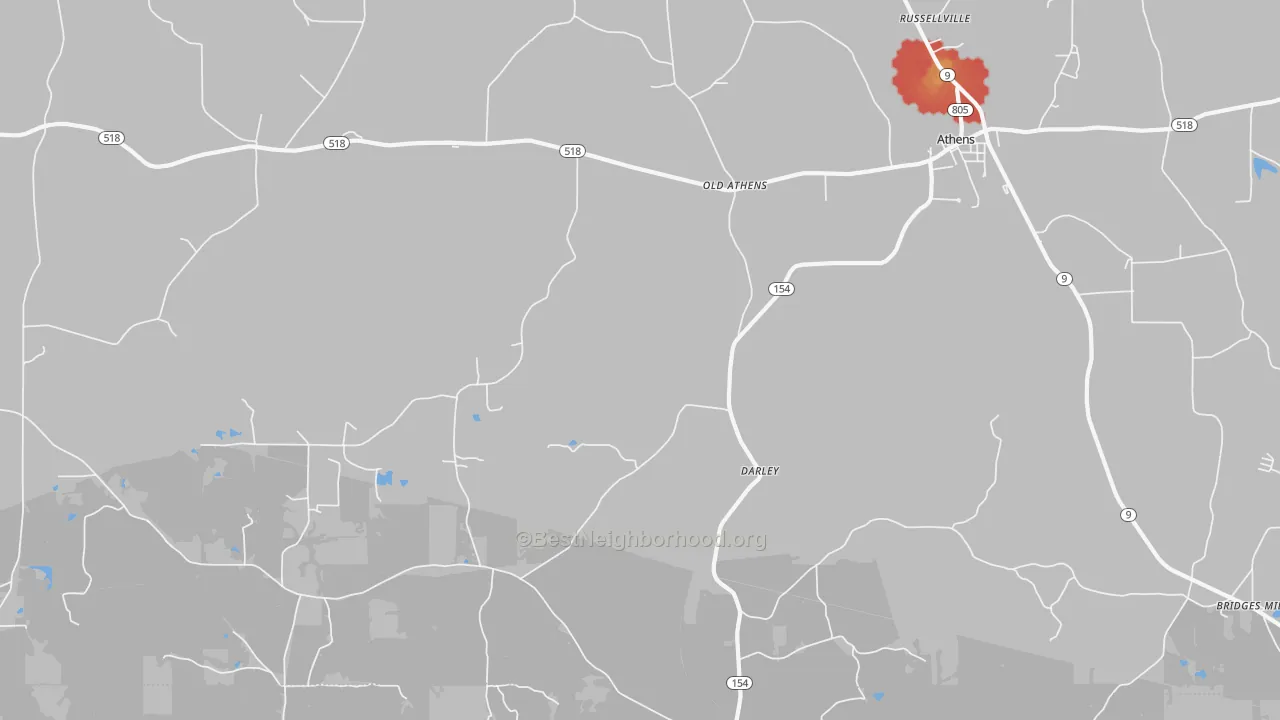 Walk Grade map of Old Athens, LA, walkable areas in green and car-dependent areas in red
