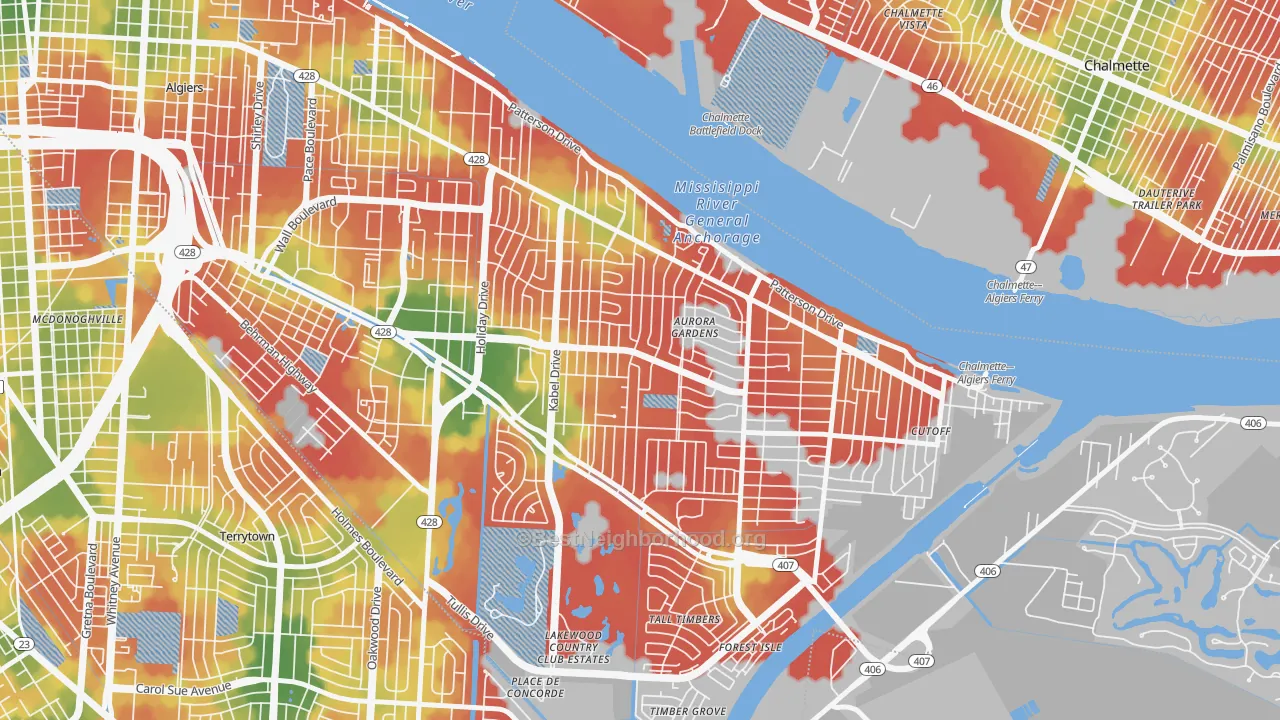 Walk Grade map of Old Aurora, New Orleans, LA, walkable areas in green and car-dependent areas in red
