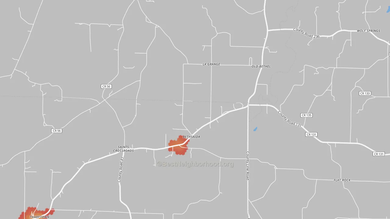 Walk Grade map of Old Bethel, AL, walkable areas in green and car-dependent areas in red