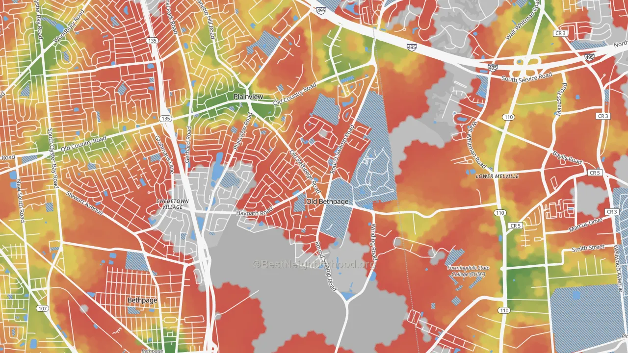 Walk Grade map of Old Bethpage, NY, walkable areas in green and car-dependent areas in red