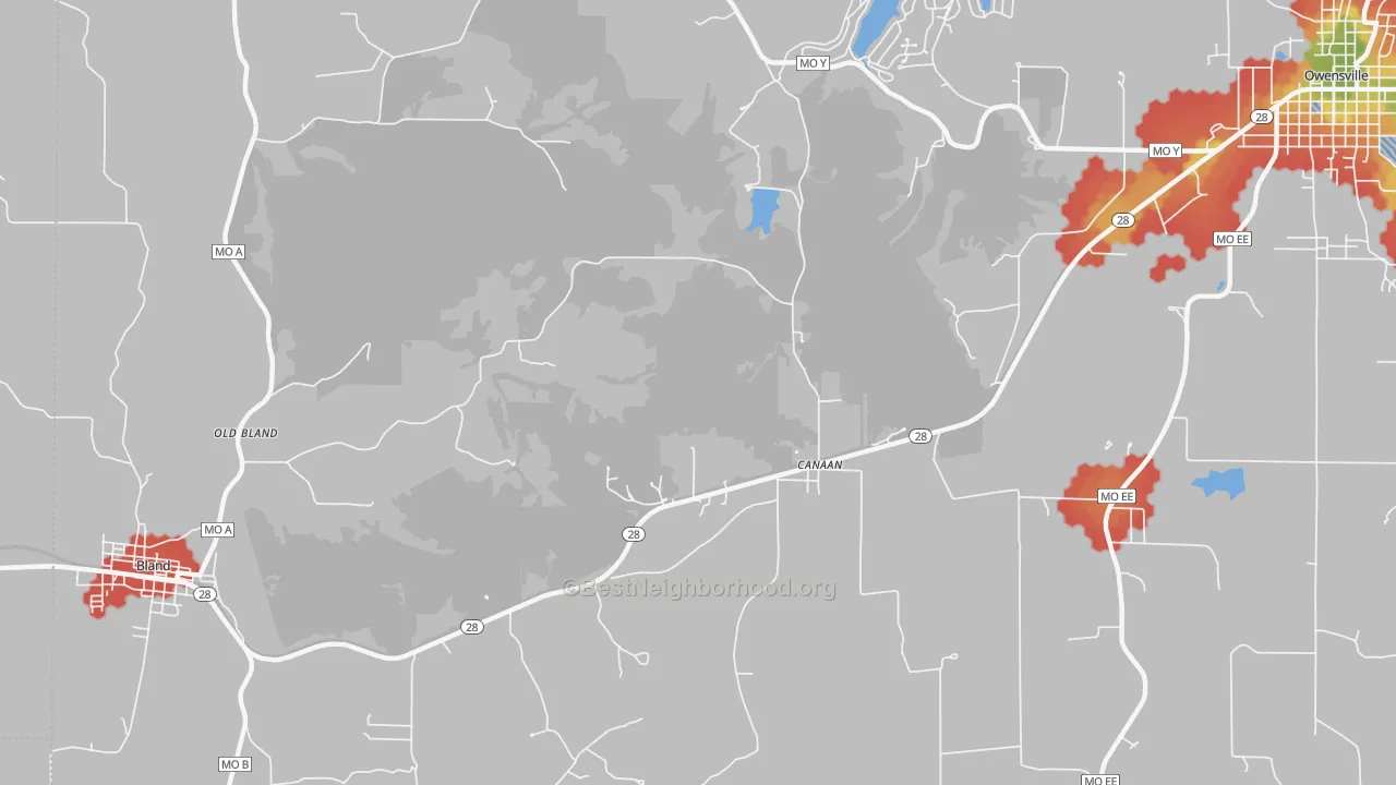 Walk Grade map of Old Bland, MO, walkable areas in green and car-dependent areas in red