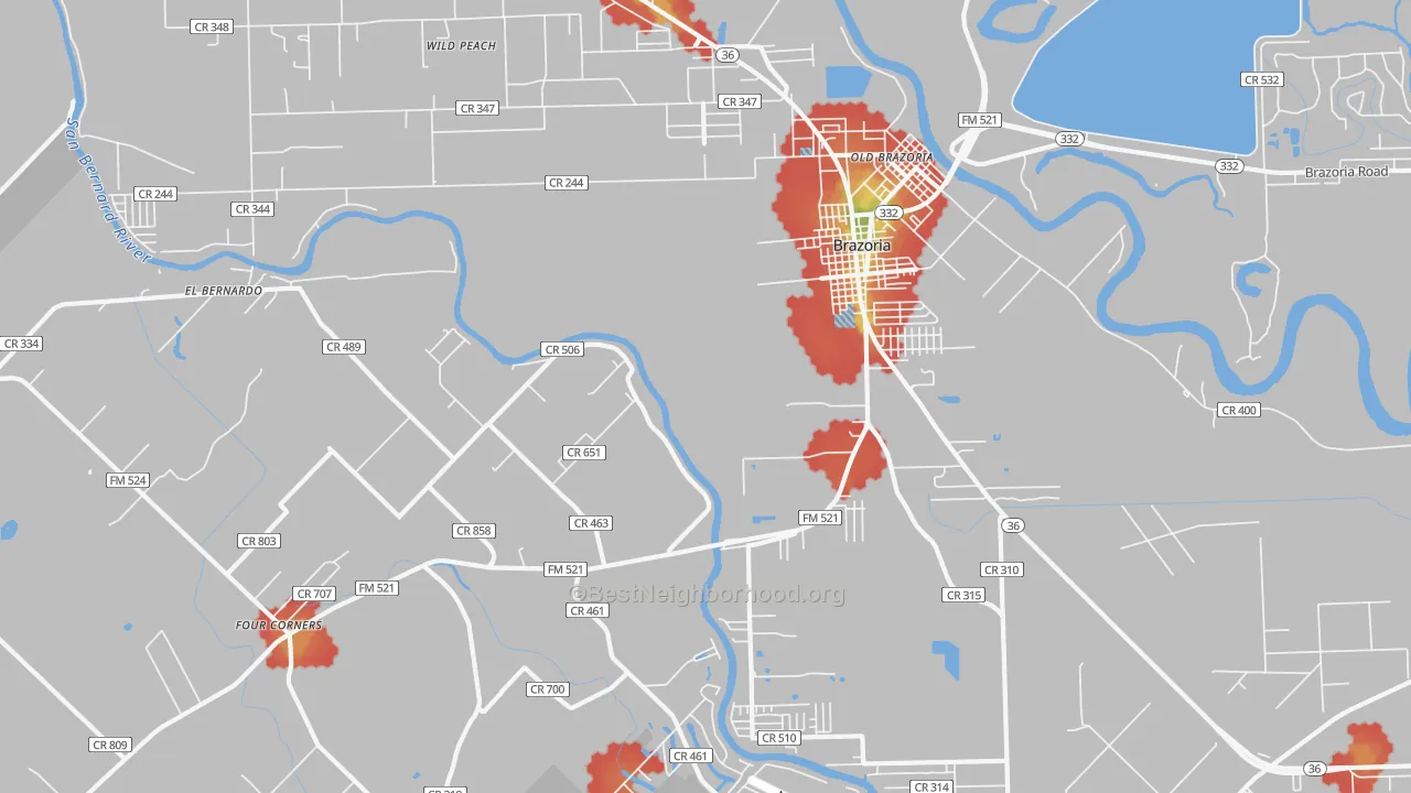 Walk Grade map of Old Brazoria, TX, walkable areas in green and car-dependent areas in red