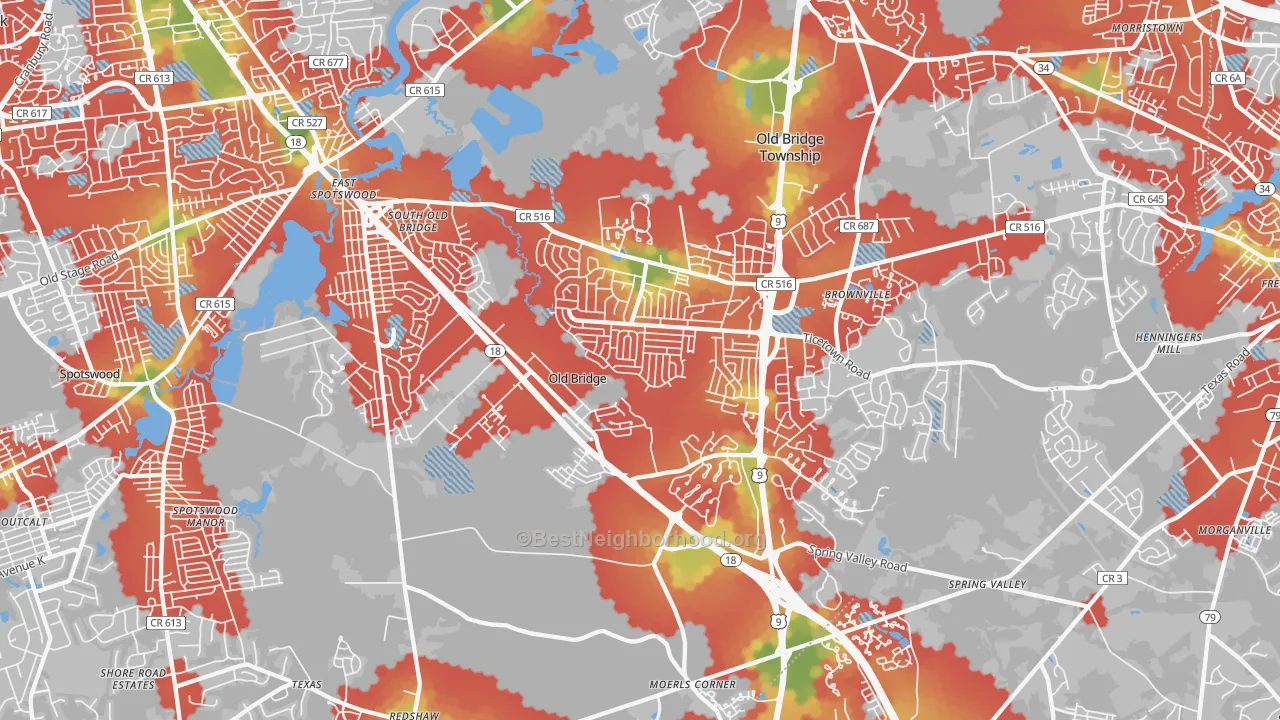 Walk Grade map of Old Bridge, NJ, walkable areas in green and car-dependent areas in red