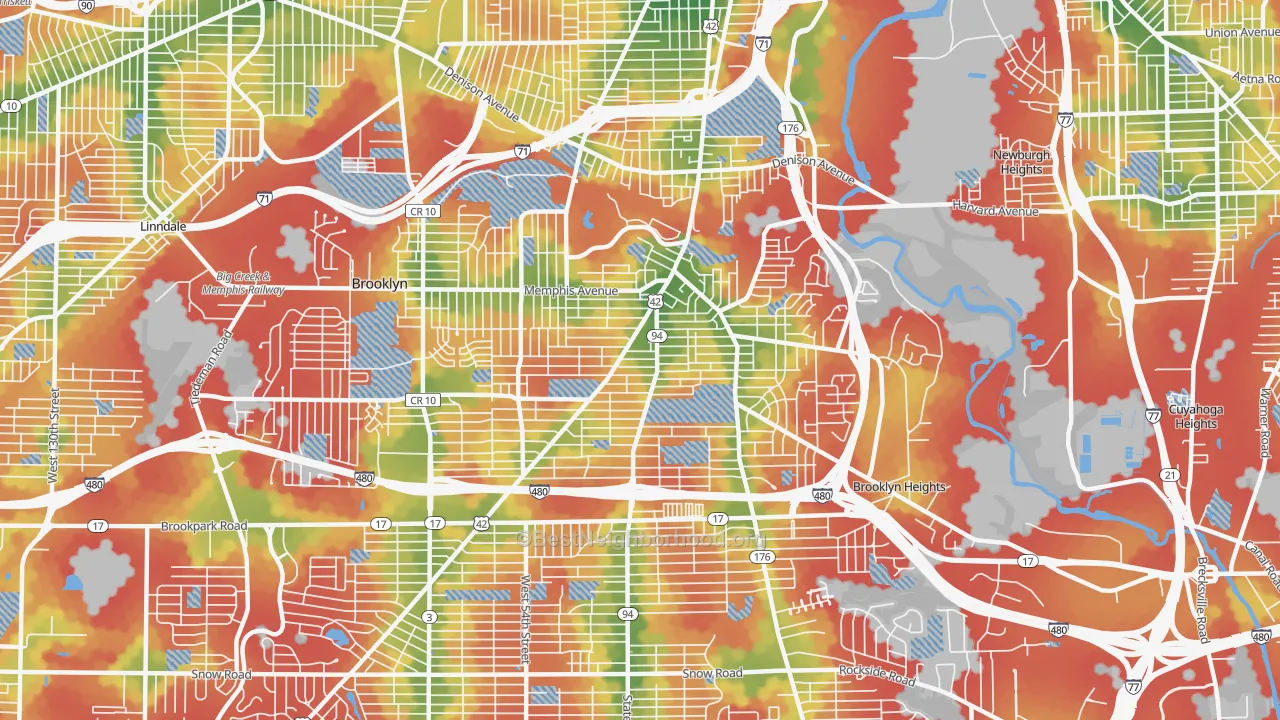 Walk Grade map of Old Brooklyn, Cleveland, OH, walkable areas in green and car-dependent areas in red