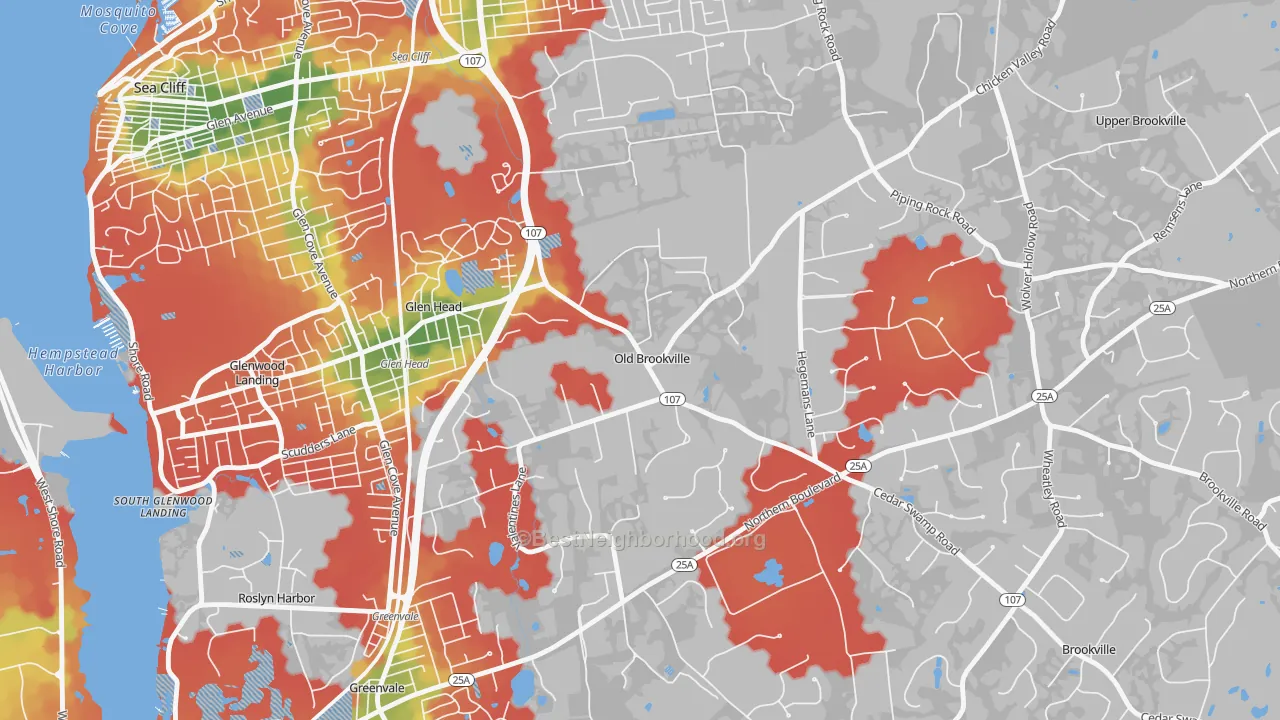 Walk Grade map of Old Brookville, NY, walkable areas in green and car-dependent areas in red