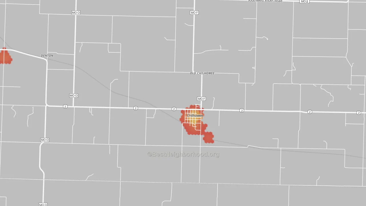 Walk Grade map of Old Chilhowee, MO, walkable areas in green and car-dependent areas in red
