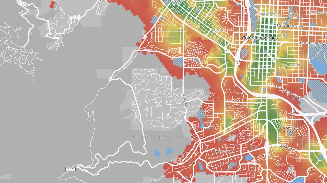 Walk Grade map of Old Colorado City, Colorado Springs, CO, walkable areas in green and car-dependent areas in red