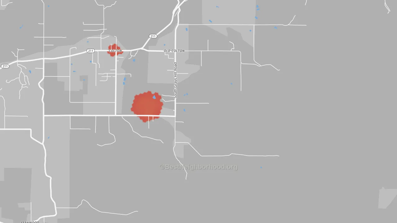 Walk Grade map of Old Colton, OR, walkable areas in green and car-dependent areas in red