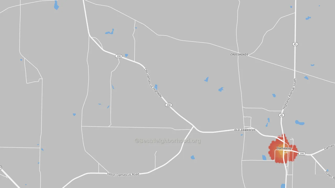 Walk Grade map of Old Damascus, GA, walkable areas in green and car-dependent areas in red