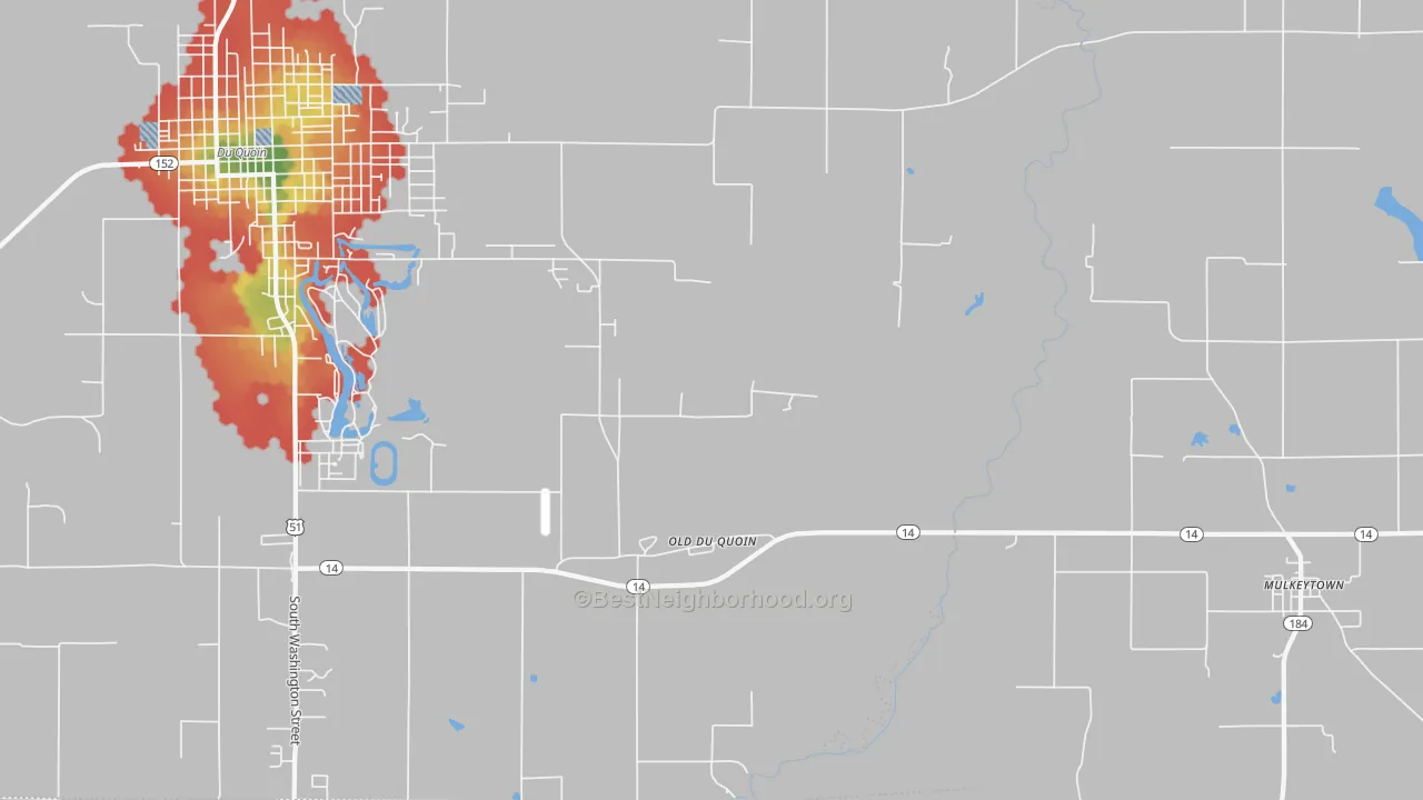 Walk Grade map of Old Du Quoin, IL, walkable areas in green and car-dependent areas in red