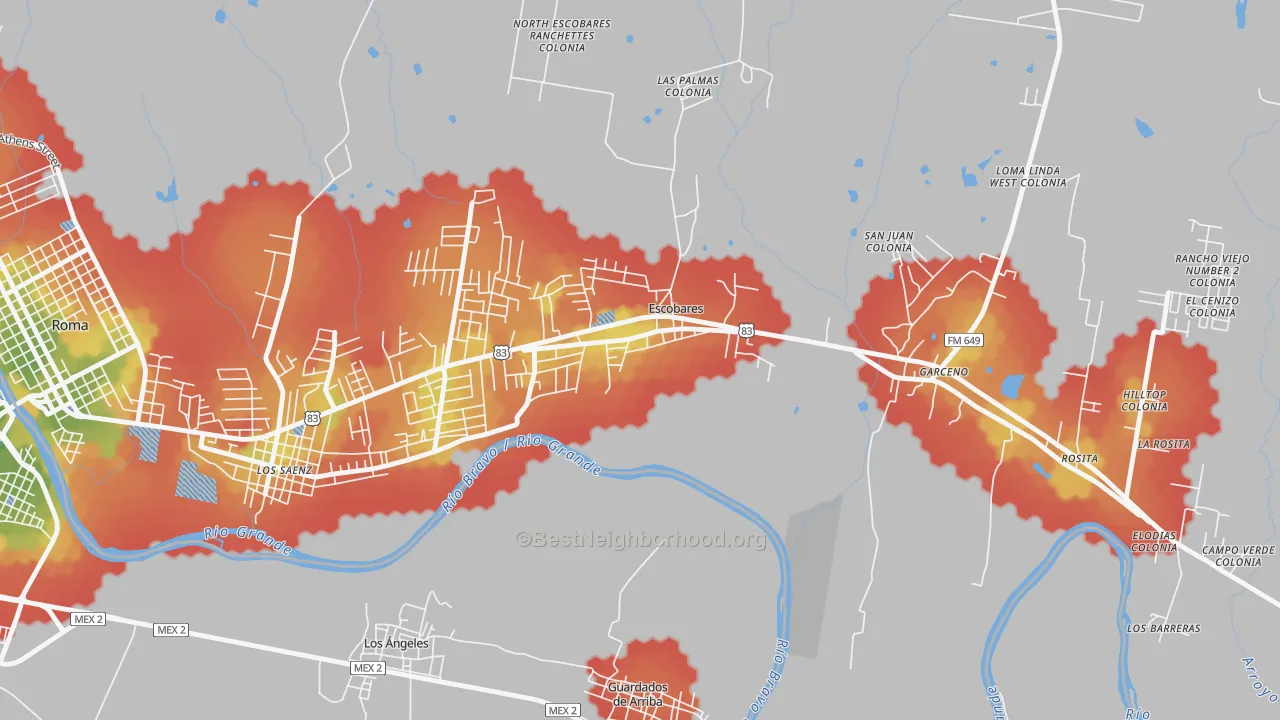 Walk Grade map of Old Escobares, TX, walkable areas in green and car-dependent areas in red