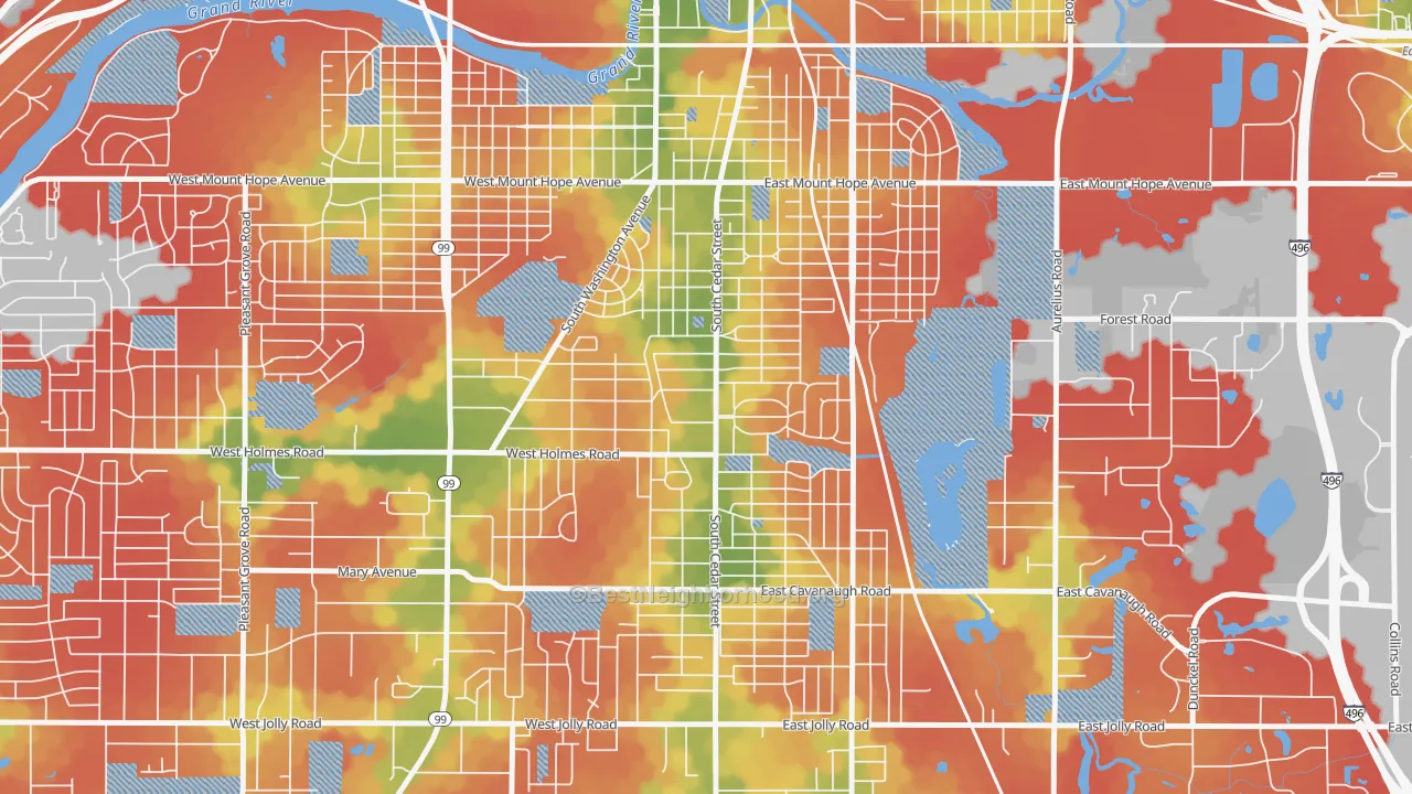 Walk Grade map of Old Everett, Lansing, MI, walkable areas in green and car-dependent areas in red