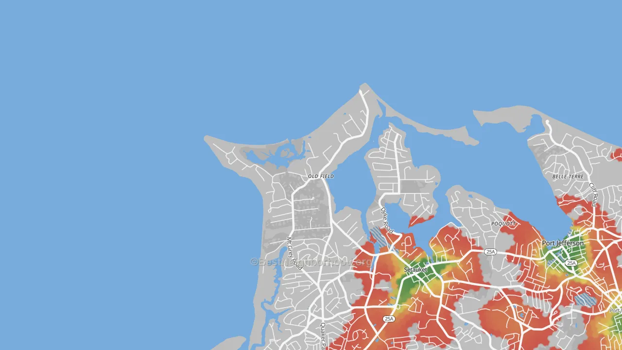 Walk Grade map of Old Field, NY, walkable areas in green and car-dependent areas in red