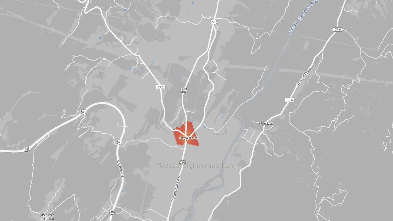 Walk Grade map of Old Fields, WV, walkable areas in green and car-dependent areas in red