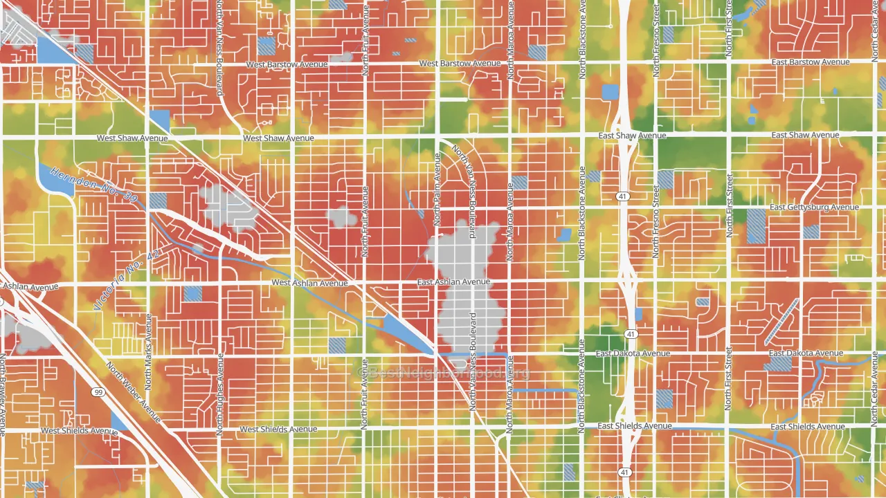 Walk Grade map of Old Fig Garden, CA, walkable areas in green and car-dependent areas in red