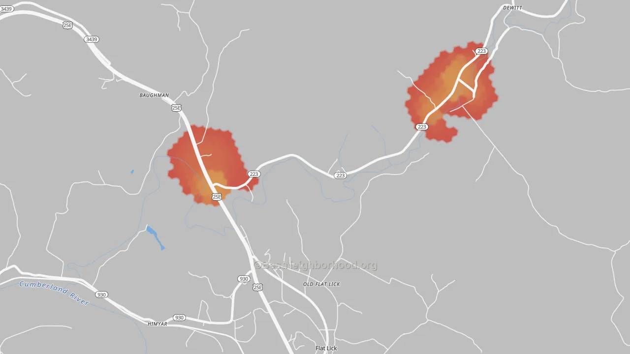 Walk Grade map of Old Flat Lick, KY, walkable areas in green and car-dependent areas in red