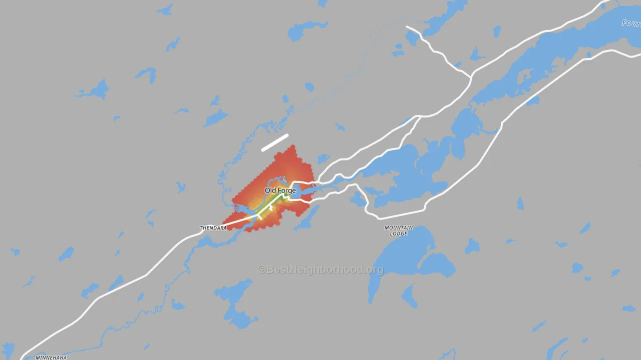 Walk Grade map of Old Forge, NY, walkable areas in green and car-dependent areas in red