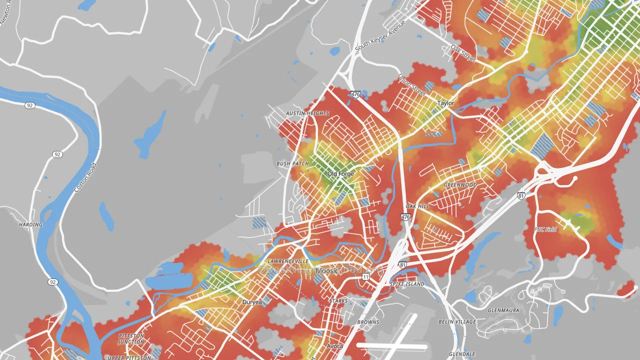 Walk Grade map of Old Forge, PA, walkable areas in green and car-dependent areas in red