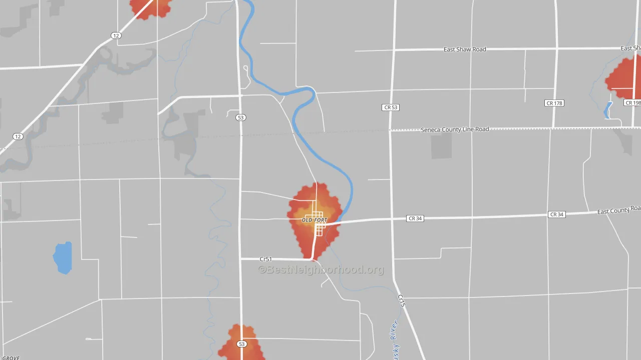 Walk Grade map of Old Fort, OH, walkable areas in green and car-dependent areas in red