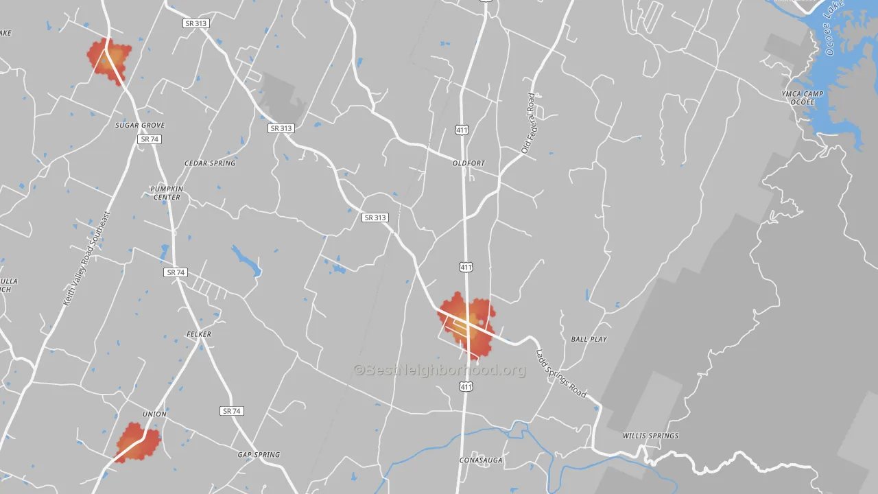 Walk Grade map of Old Fort, TN, walkable areas in green and car-dependent areas in red