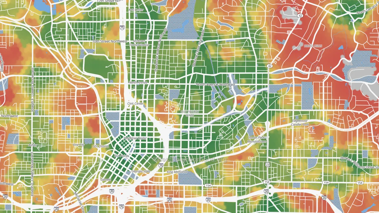 Walk Grade map of Old Fourth Ward, Atlanta, GA, walkable areas in green and car-dependent areas in red