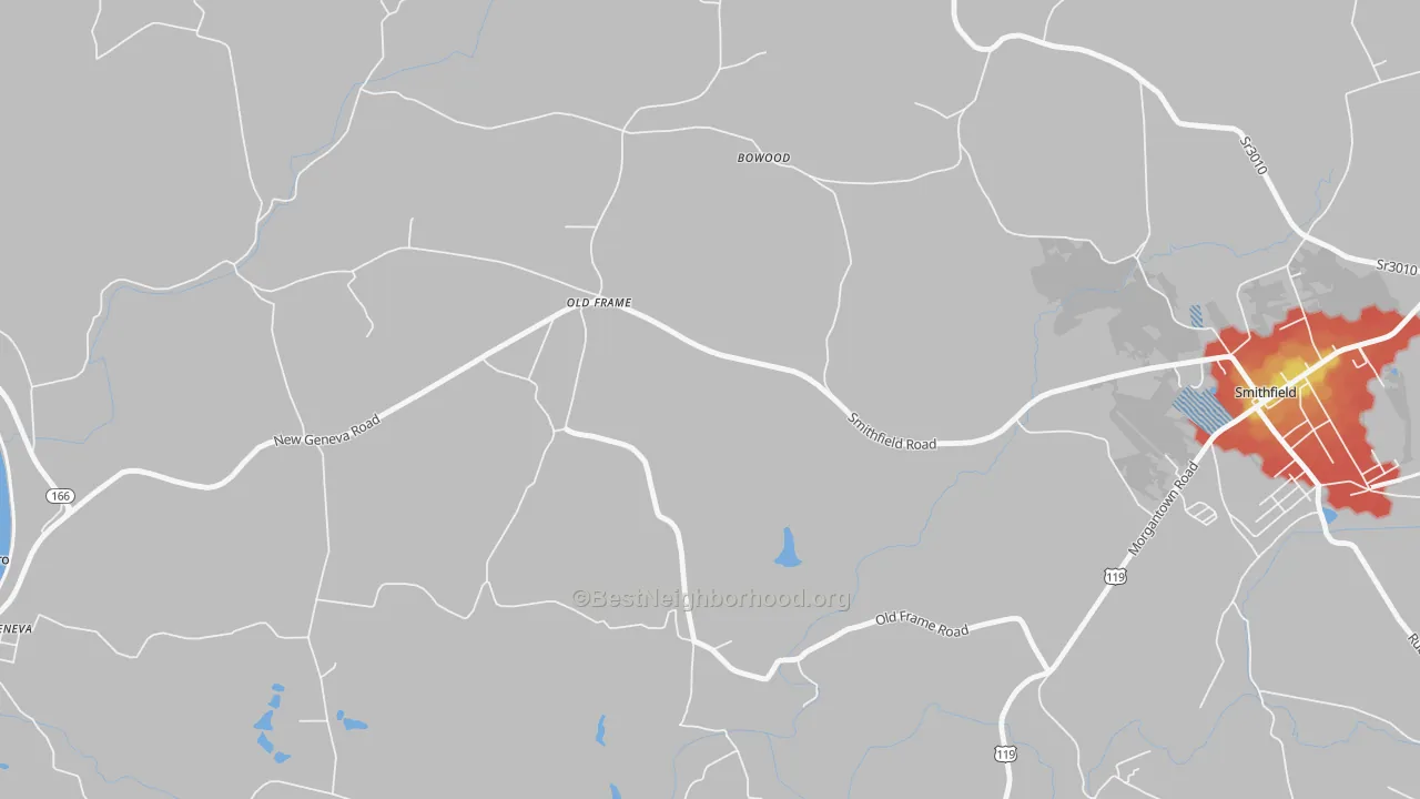 Walk Grade map of Old Frame, PA, walkable areas in green and car-dependent areas in red