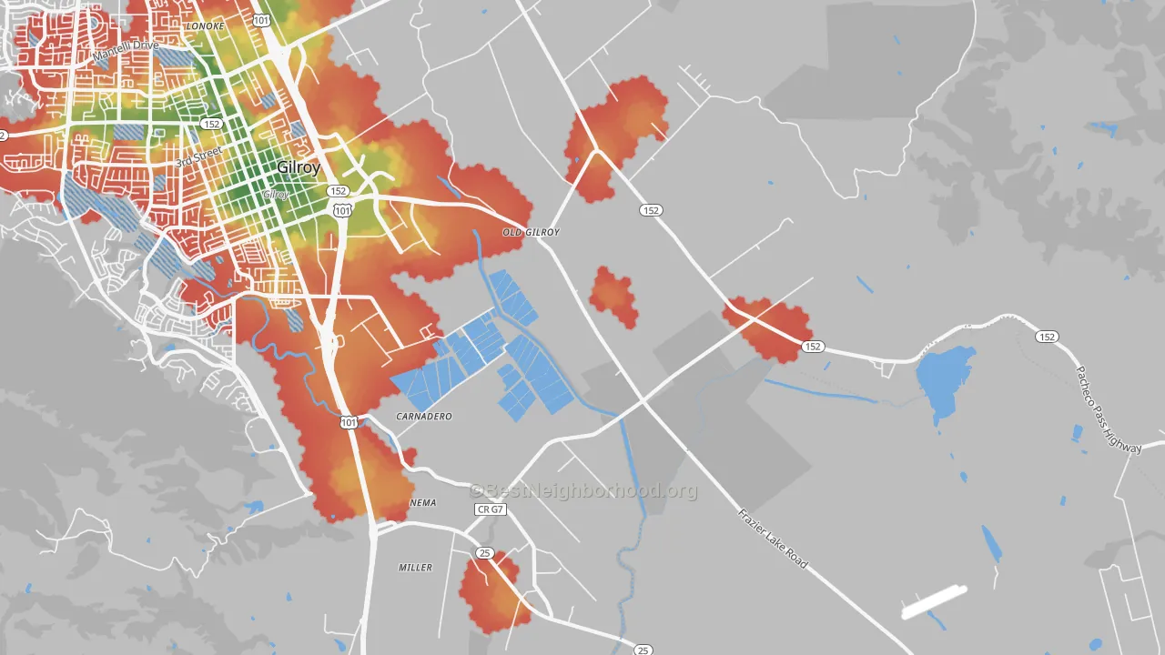 Walk Grade map of Old Gilroy, CA, walkable areas in green and car-dependent areas in red