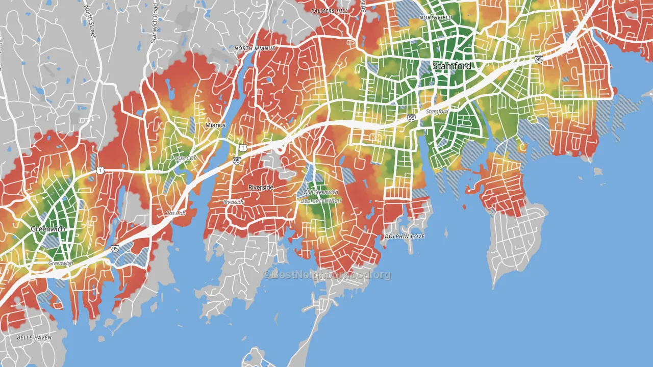 Walk Grade map of Old Greenwich, CT, walkable areas in green and car-dependent areas in red