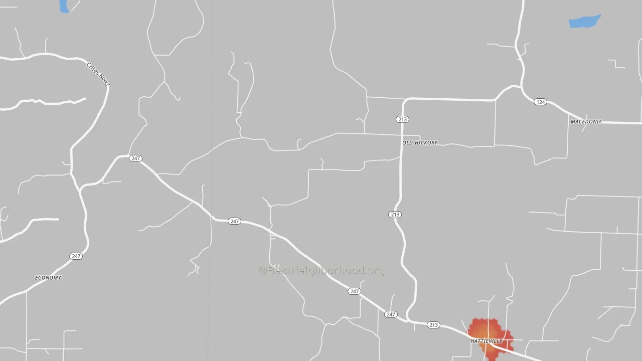 Walk Grade map of Old Hickory, AR, walkable areas in green and car-dependent areas in red