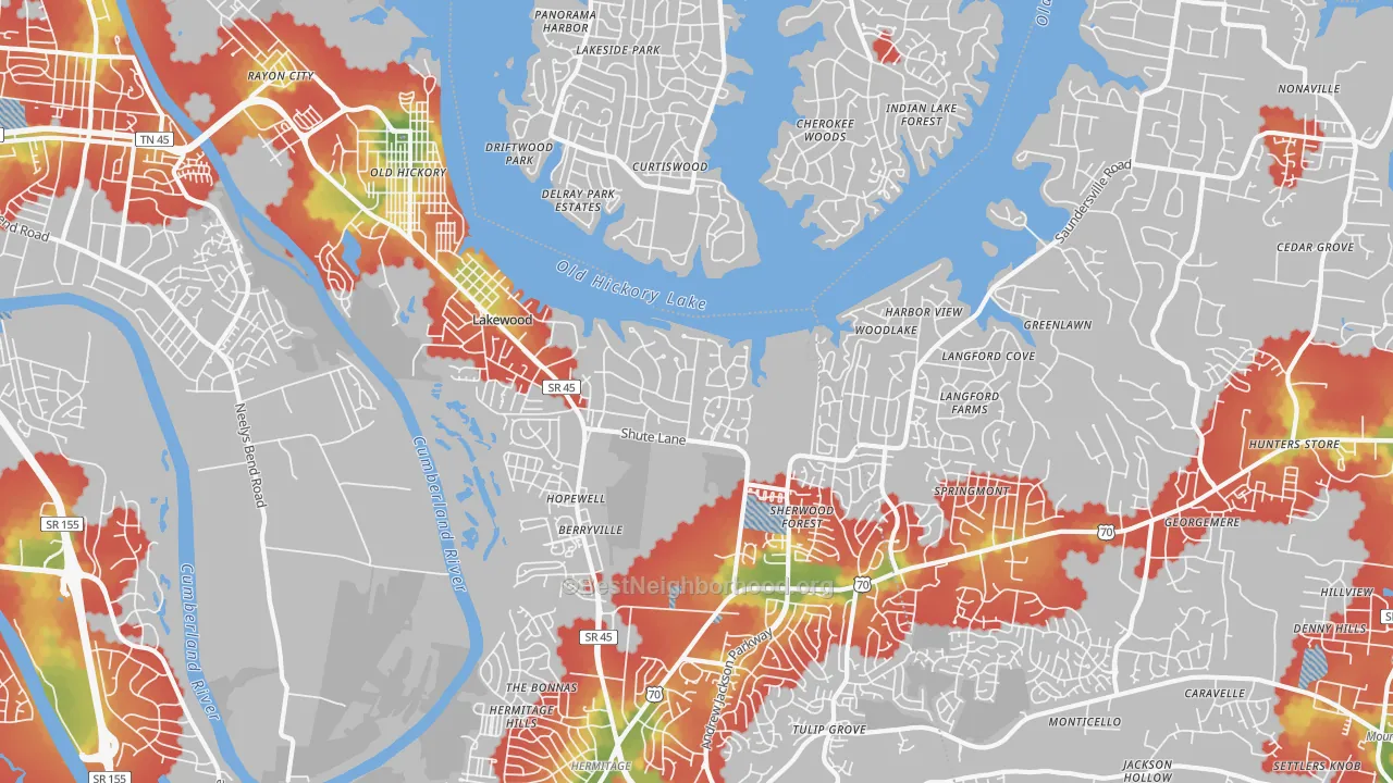 Walk Grade map of Old Hickory, TN, walkable areas in green and car-dependent areas in red