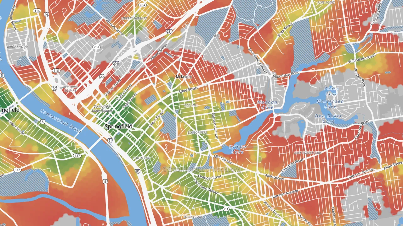 Walk Grade map of Old Hill, Springfield, MA, walkable areas in green and car-dependent areas in red