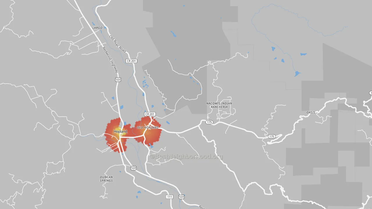 Walk Grade map of Old Hopland, CA, walkable areas in green and car-dependent areas in red