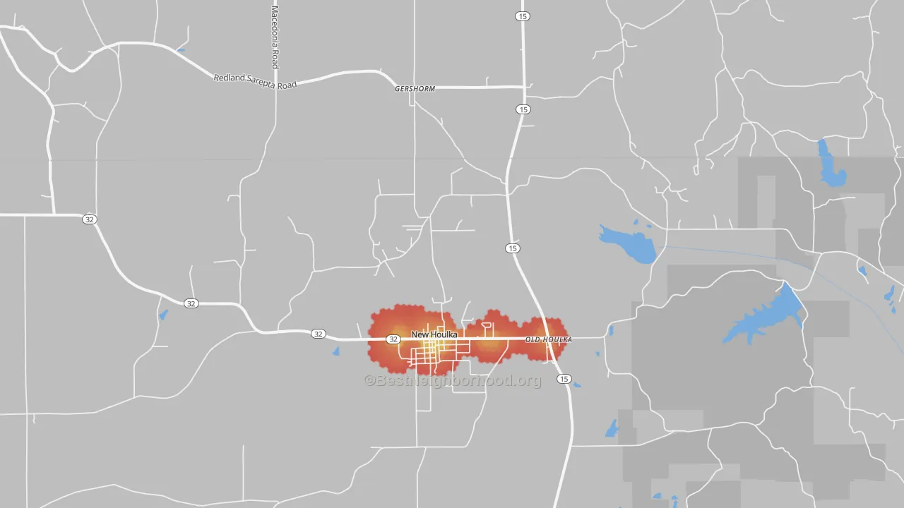 Walk Grade map of Old Houlka, MS, walkable areas in green and car-dependent areas in red