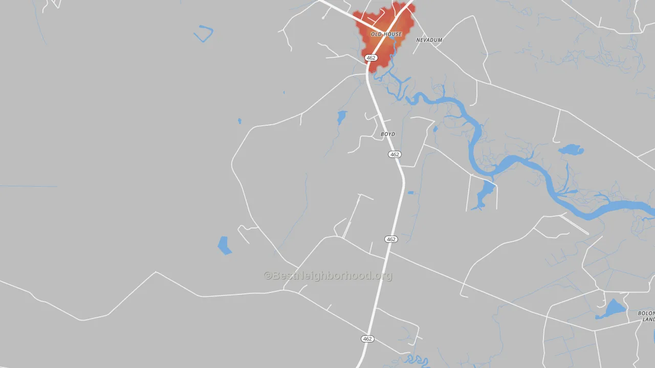 Walk Grade map of Old House, SC, walkable areas in green and car-dependent areas in red