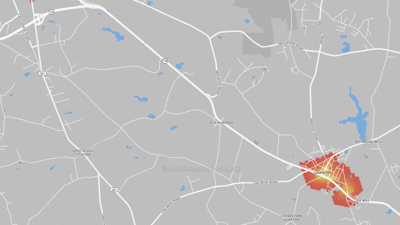 Walk Grade map of Old Hundred, NC, walkable areas in green and car-dependent areas in red