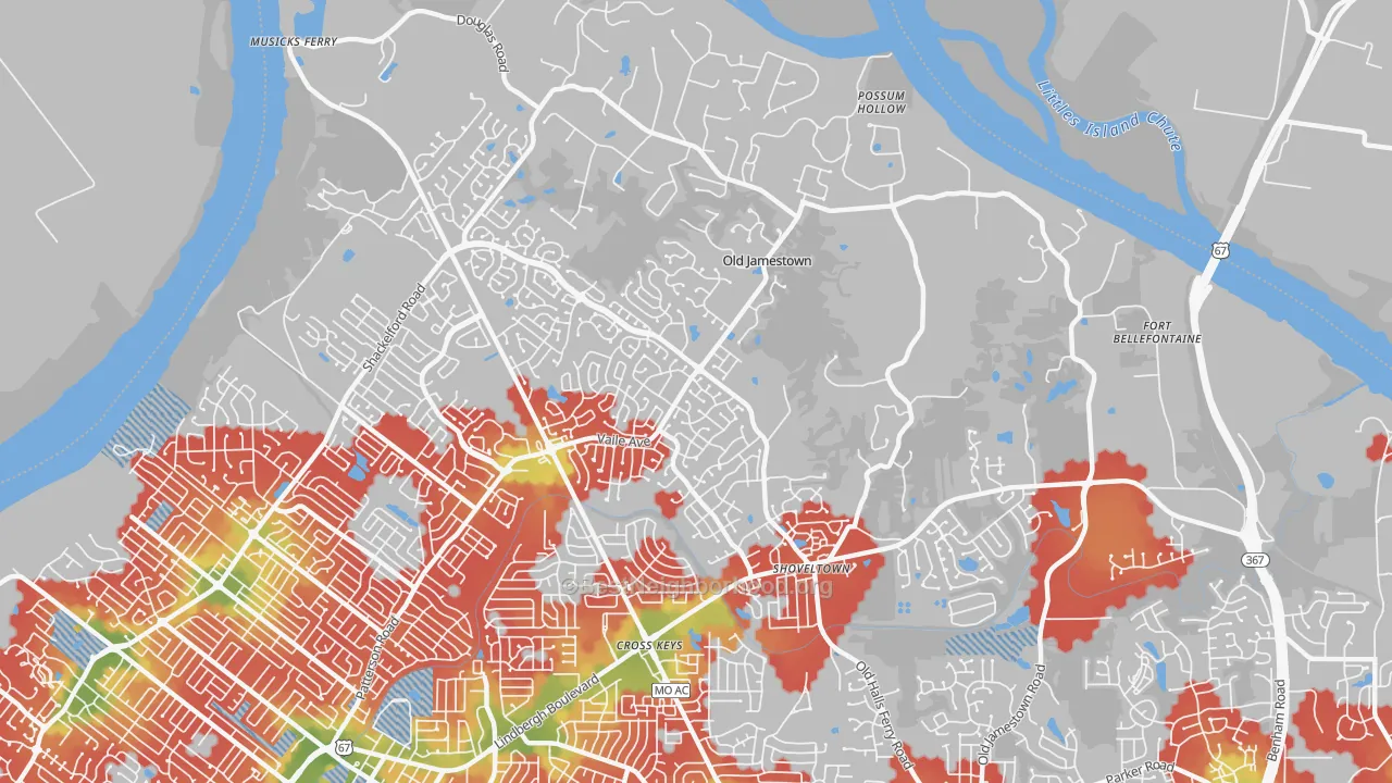 Walk Grade map of Old Jamestown, MO, walkable areas in green and car-dependent areas in red