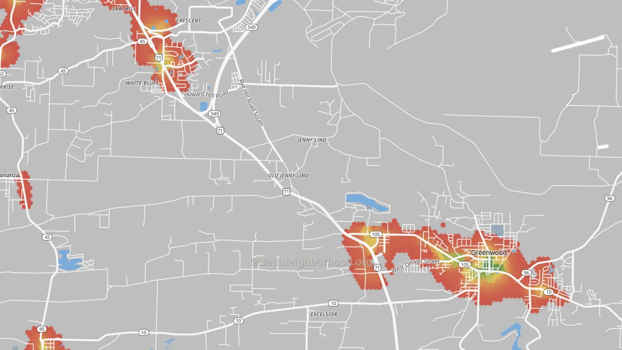 Walk Grade map of Old Jenny Lind, AR, walkable areas in green and car-dependent areas in red